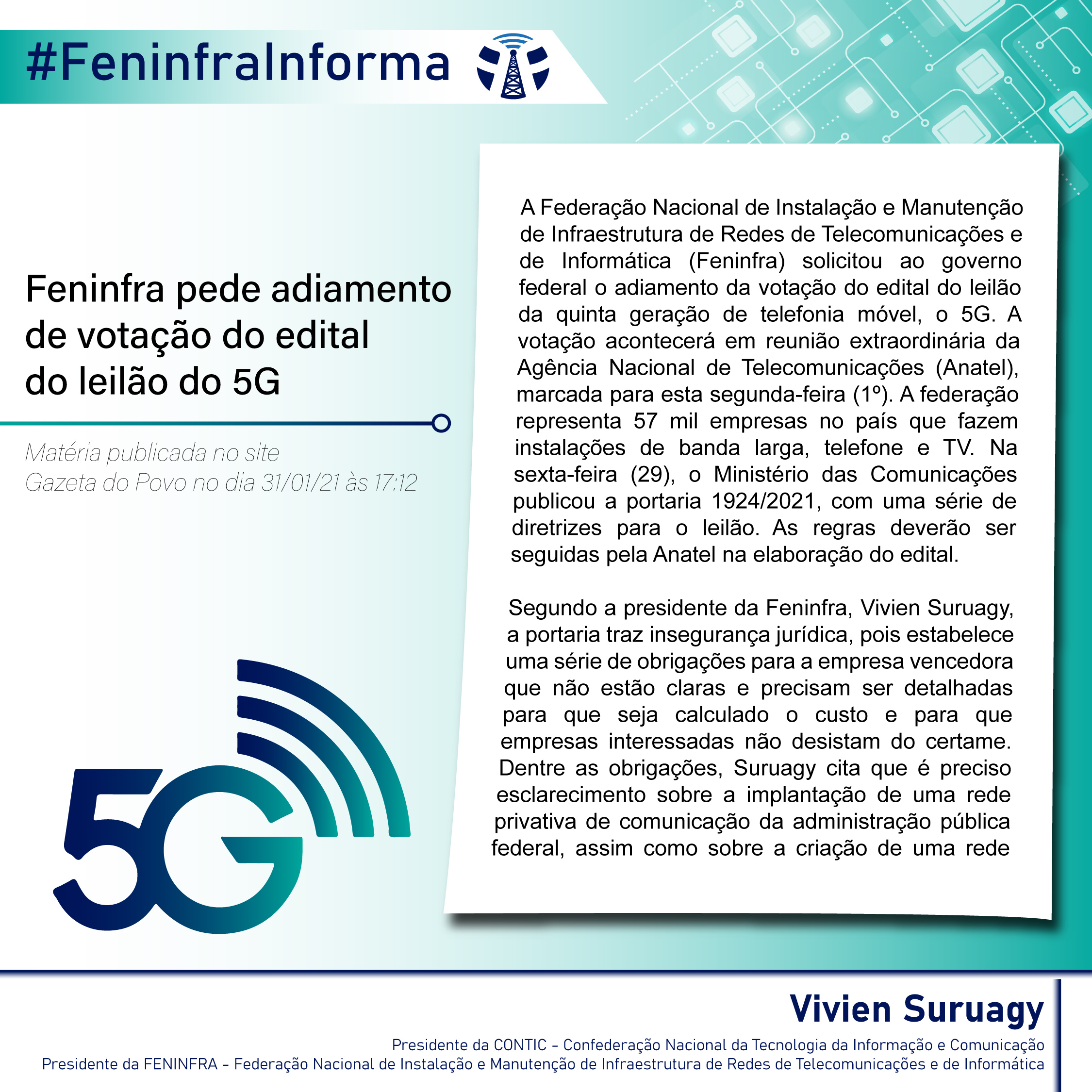 Feninfra pede adiamento de votação do edital do leilão do 5G