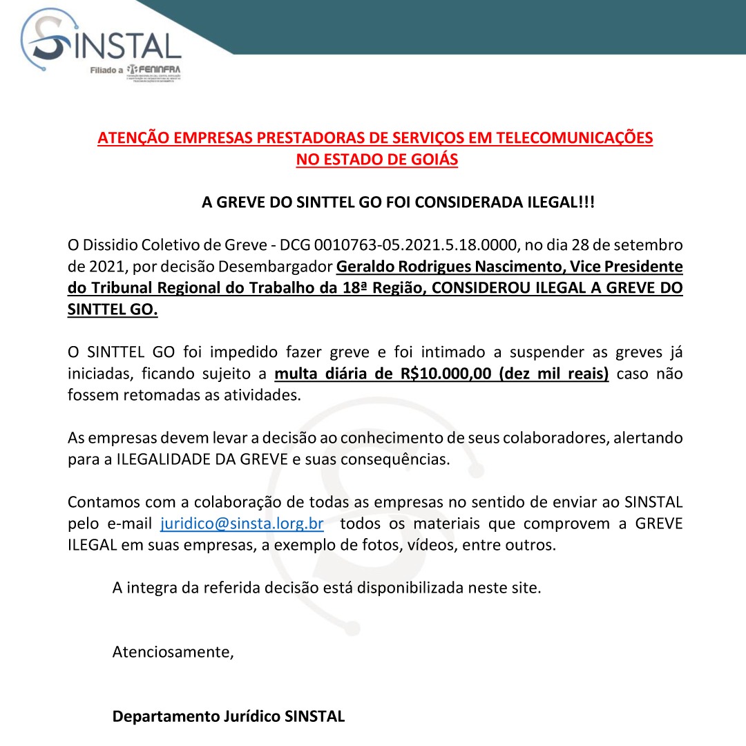 ATENÇÃO EMPRESAS PRESTADORAS DE SERVIÇOS EM TELECOMUNICAÇÕES  NO ESTADO DE GOIÁS